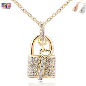 Love Lock & Key Crystal Chain Multi Statement Necklace Pendent Collar - Gold